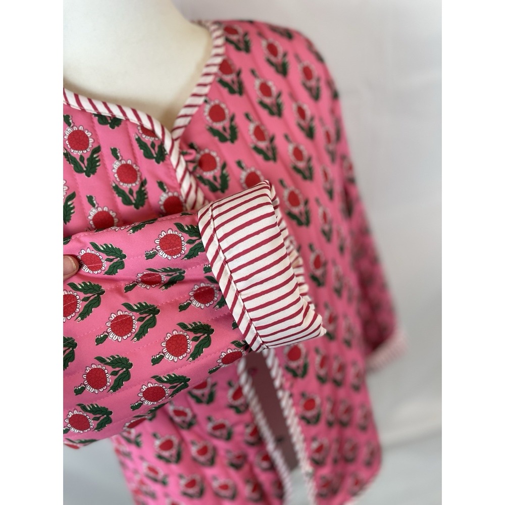 Women's Pink Floral Cotton Jacket with Stripe Trim